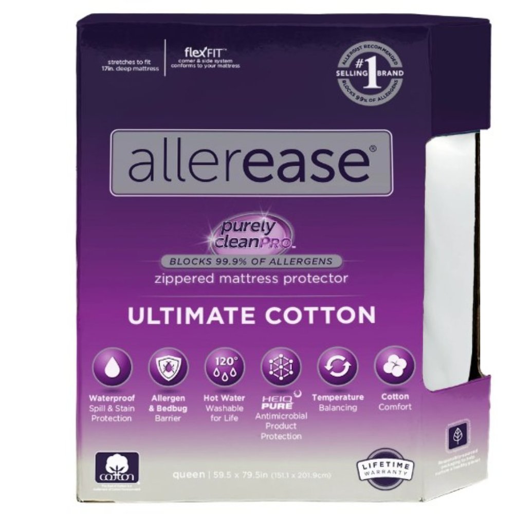Allerease Zippered Mattress Protector Ultimate Cotton Waterproof Full Size New